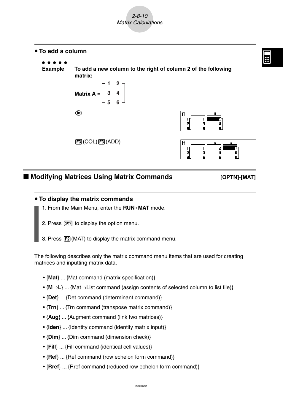 K modifying matrices using matrix commands | Casio SERIES FX-9860G User Manual | Page 130 / 603