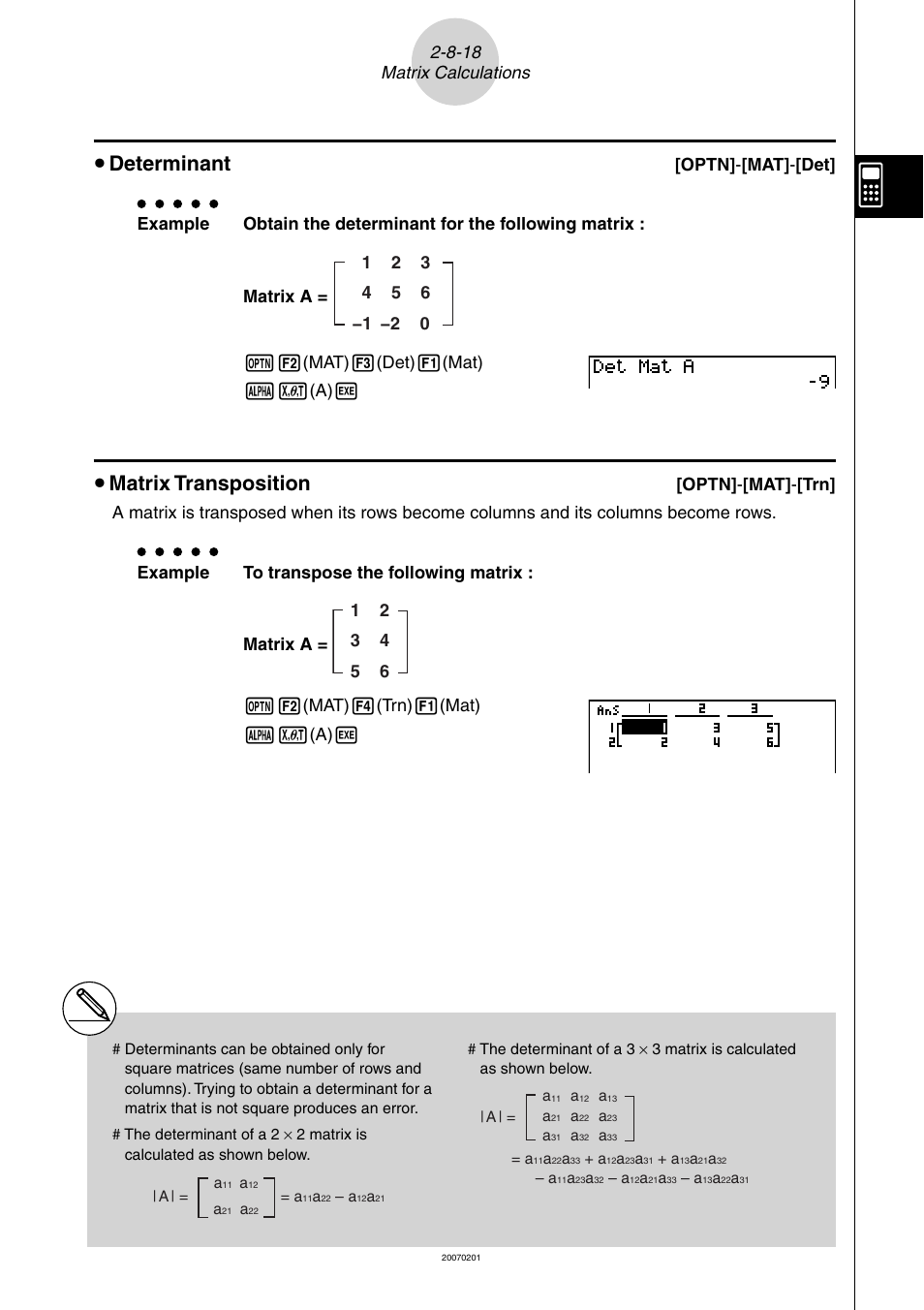 U determinant, U matrix transposition | Casio SERIES FX-9860G User Manual | Page 138 / 603