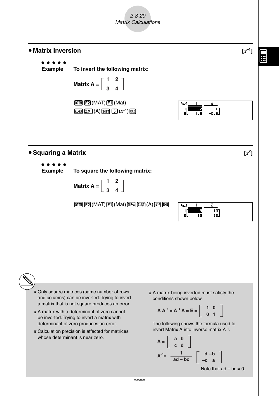 U matrix inversion, U squaring a matrix | Casio SERIES FX-9860G User Manual | Page 140 / 603