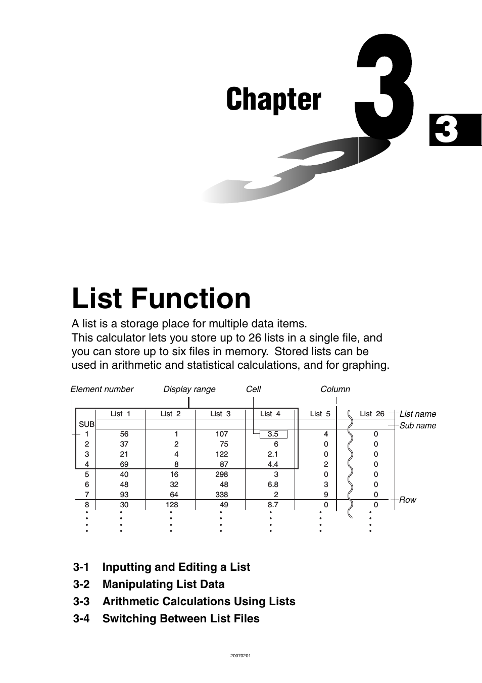 Chapter 3 list function, Chapter, List function | Casio SERIES FX-9860G User Manual | Page 144 / 603