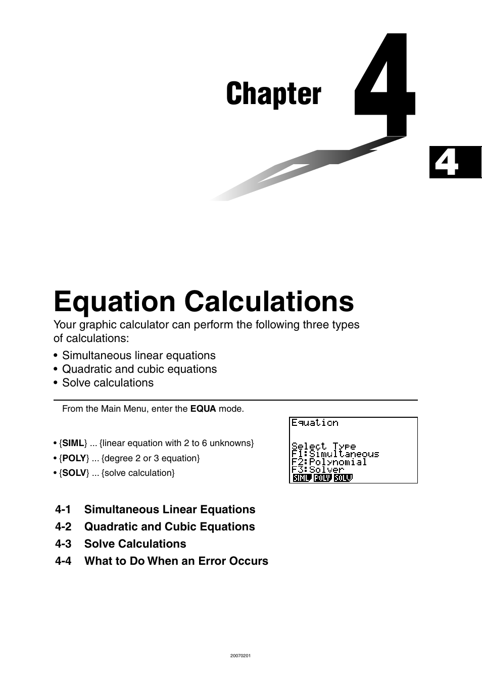 Chapter 4 equation calculations, Chapter, Equation calculations | Casio SERIES FX-9860G User Manual | Page 167 / 603