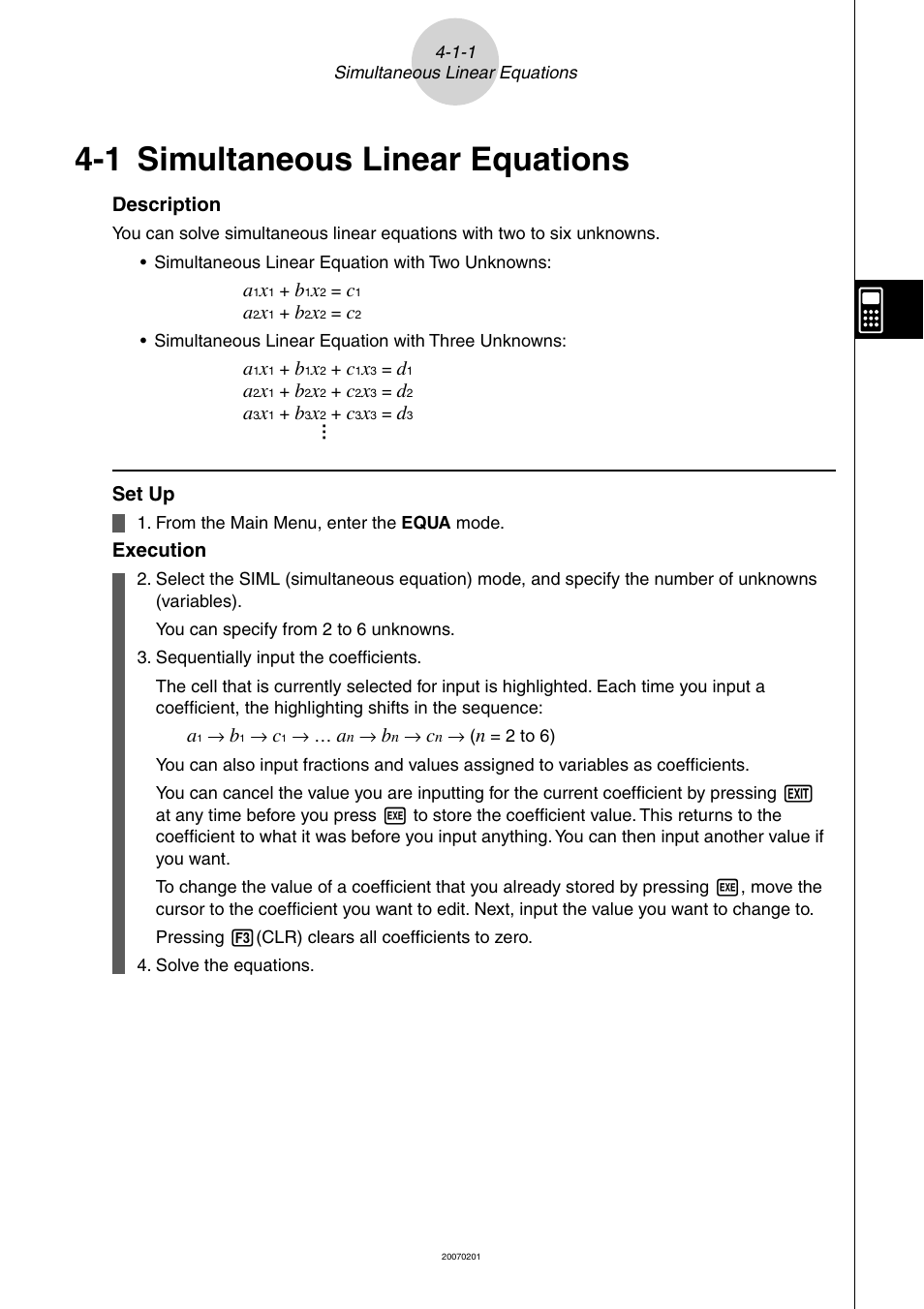 1 simultaneous linear equations, 1 simultaneous linear equations -1-1 | Casio SERIES FX-9860G User Manual | Page 168 / 603