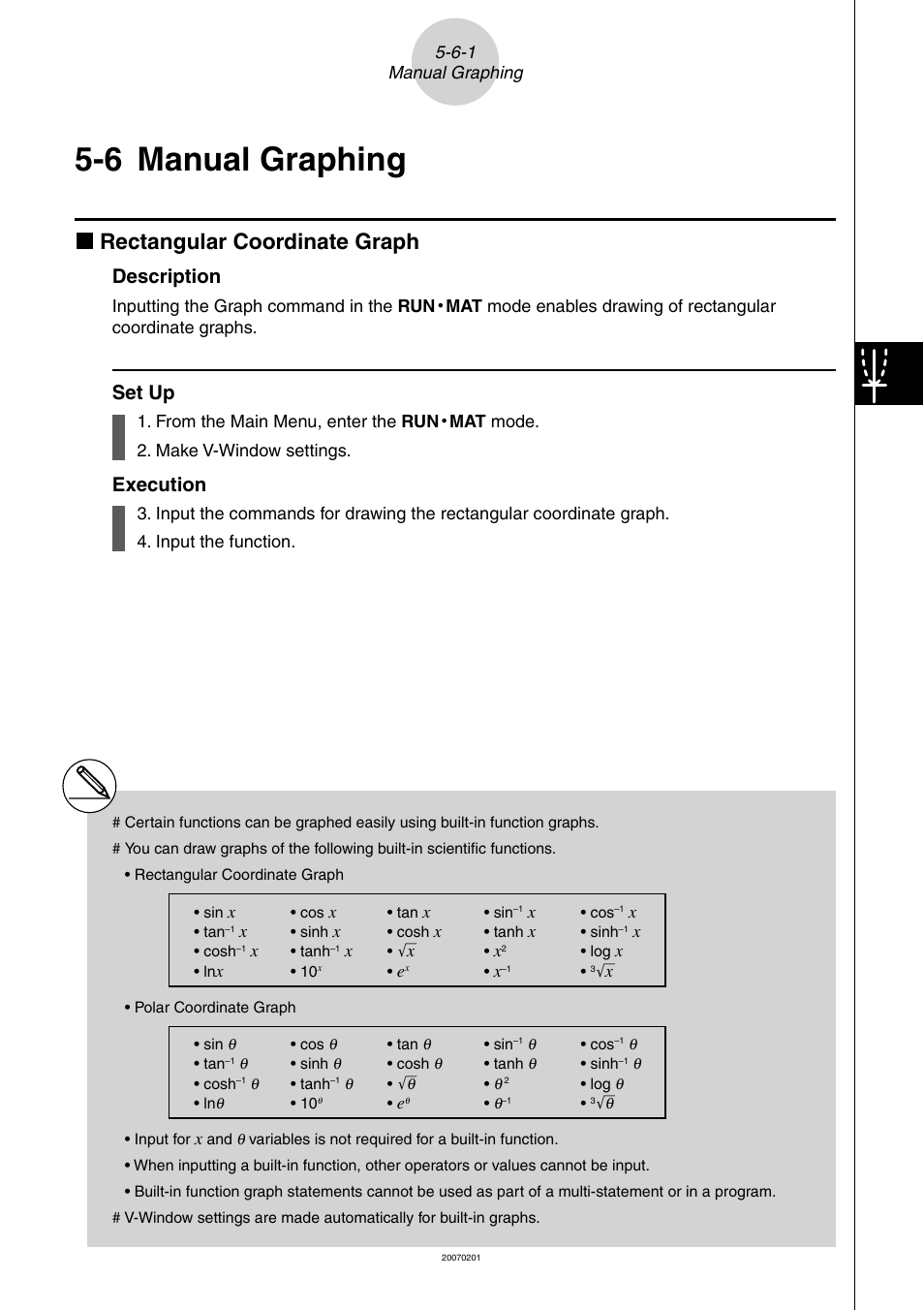 6 manual graphing, Manual, Graphing | 6 manual, K rectangular coordinate graph, Description, Set up, Execution | Casio SERIES FX-9860G User Manual | Page 210 / 603