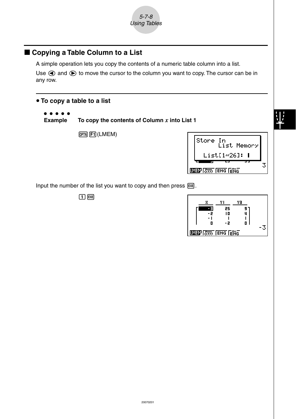 K copying a table column to a list | Casio SERIES FX-9860G User Manual | Page 225 / 603