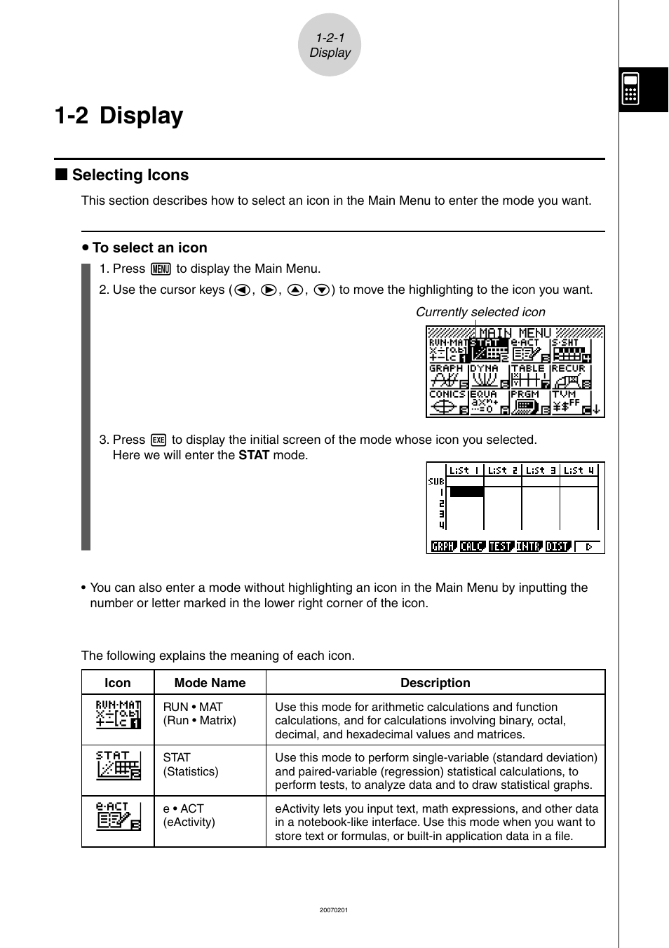 2 display, Display, K selecting icons | Casio SERIES FX-9860G User Manual | Page 28 / 603