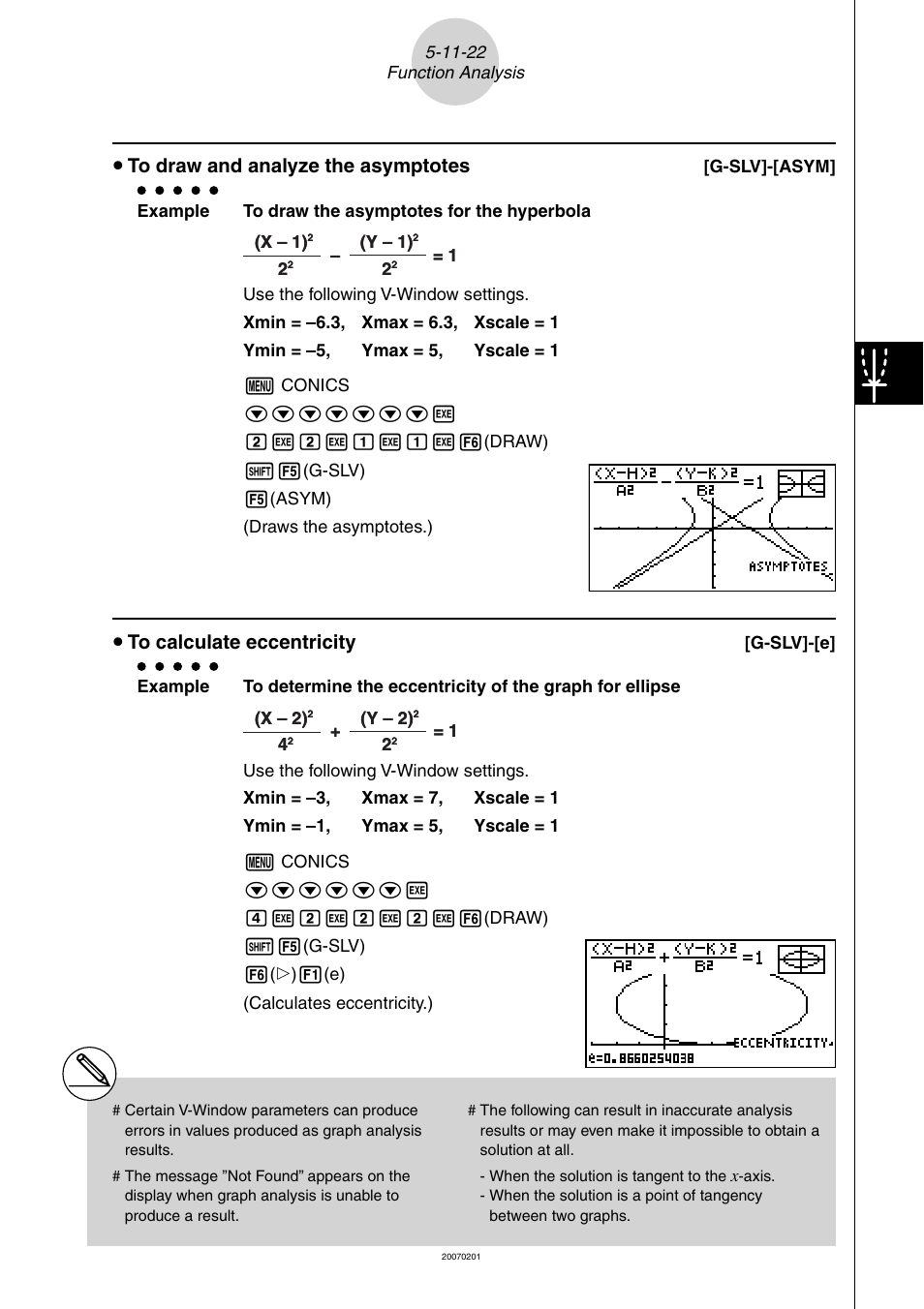 U to draw and analyze the asymptotes, U to calculate eccentricity | Casio SERIES FX-9860G User Manual | Page 280 / 603