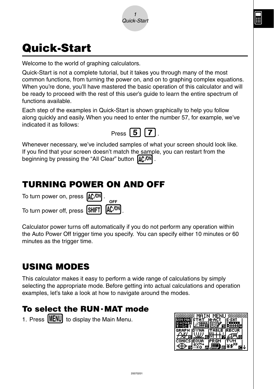 Quick-start, Turning power on and off, Using modes | Casio SERIES FX-9860G User Manual | Page 3 / 603