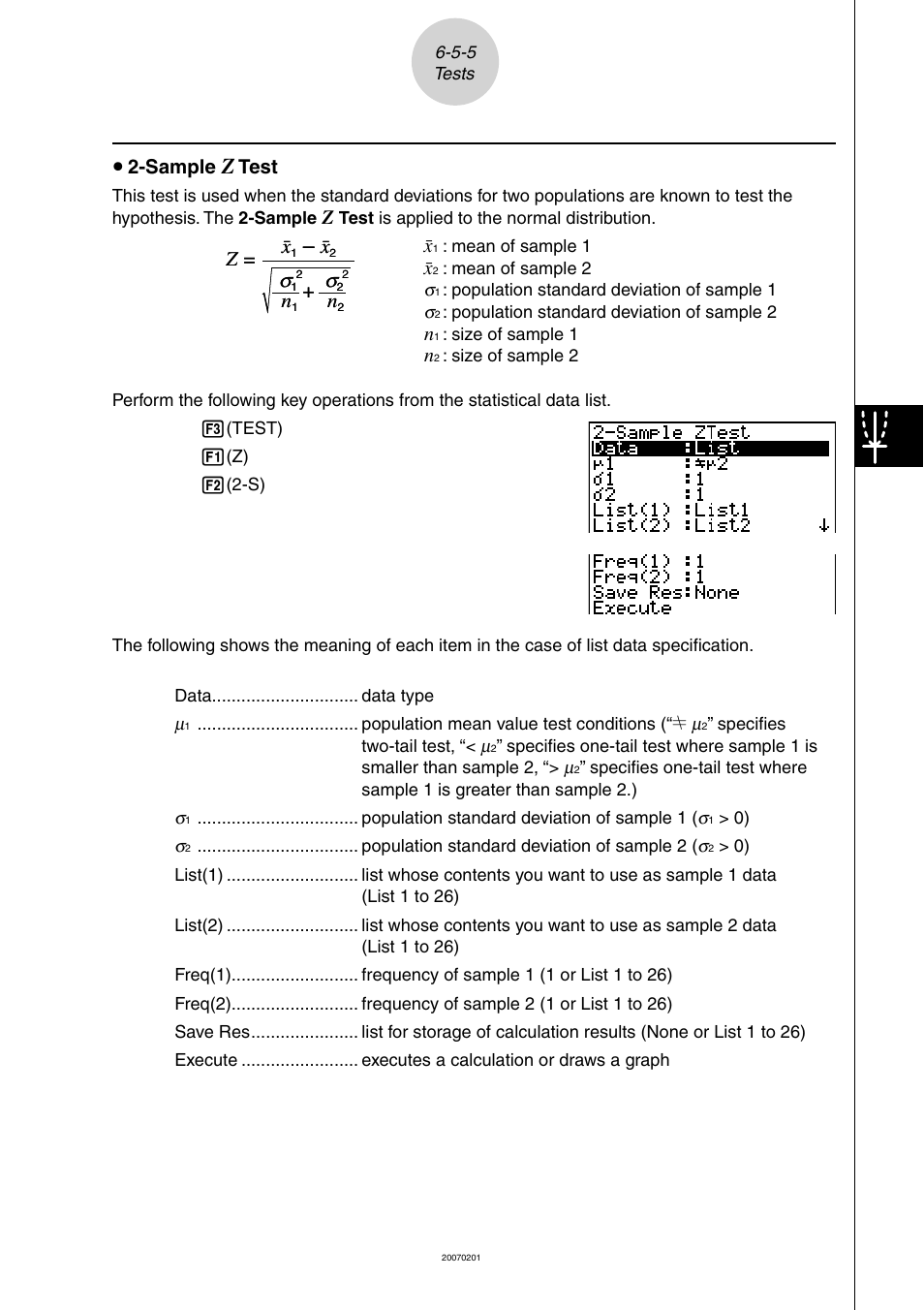 U 2-sample, Test, Z= o | Z = o | Casio SERIES FX-9860G User Manual | Page 318 / 603