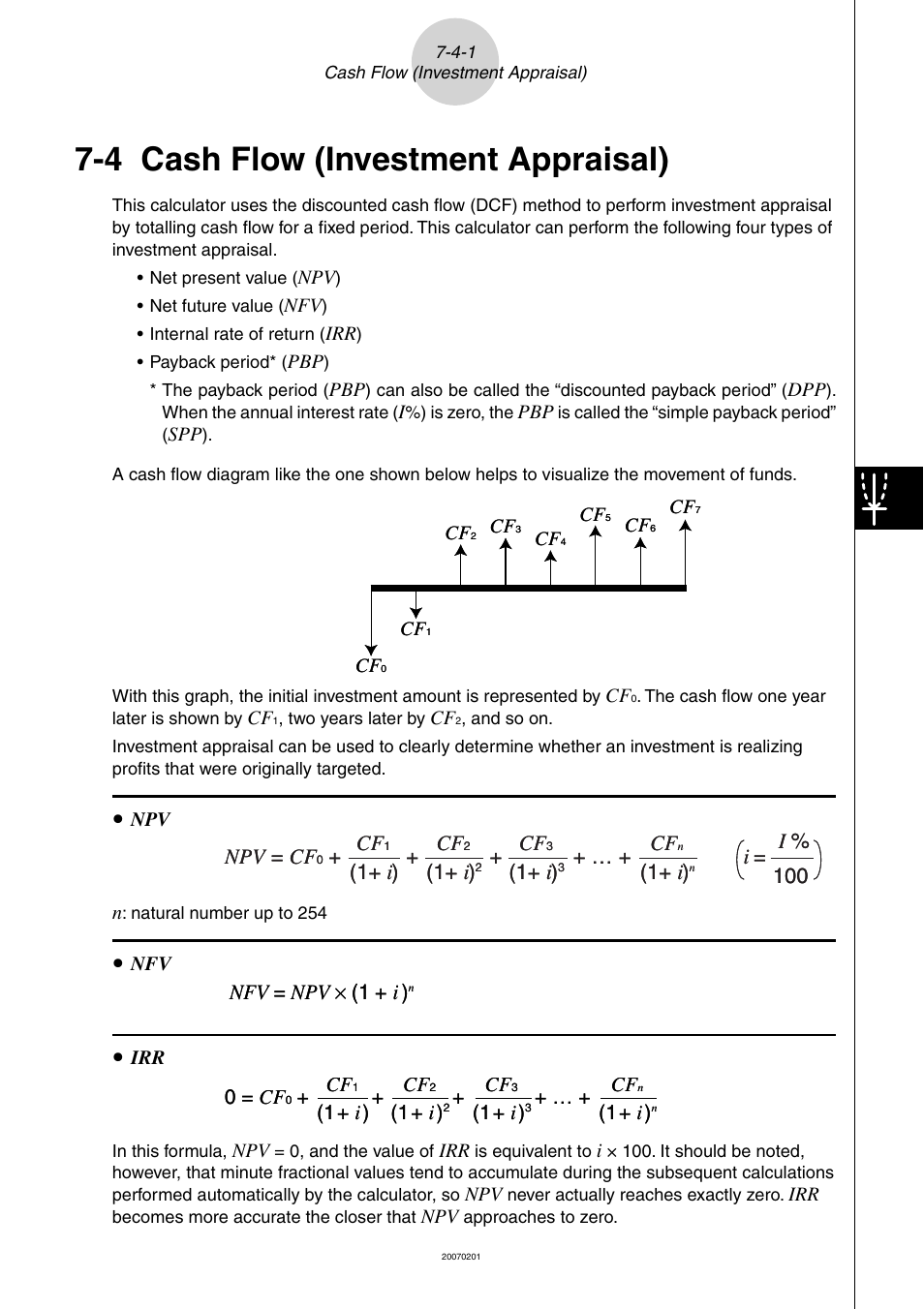 4 cash flow (investment appraisal), 4 cash flow (investment appraisal) -4-1, Npv = cf | 1+ i ) cf, 1+ i ), I= 100 i % npv = cf, I= 100 i % nfv = npv × (1 + i ), Nfv = npv × (1 + i ), 0 = cf, 1 + i ) cf | Casio SERIES FX-9860G User Manual | Page 381 / 603