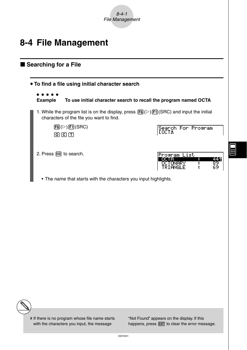 4 file management, File, Management | 4 file, K searching for a file | Casio SERIES FX-9860G User Manual | Page 400 / 603