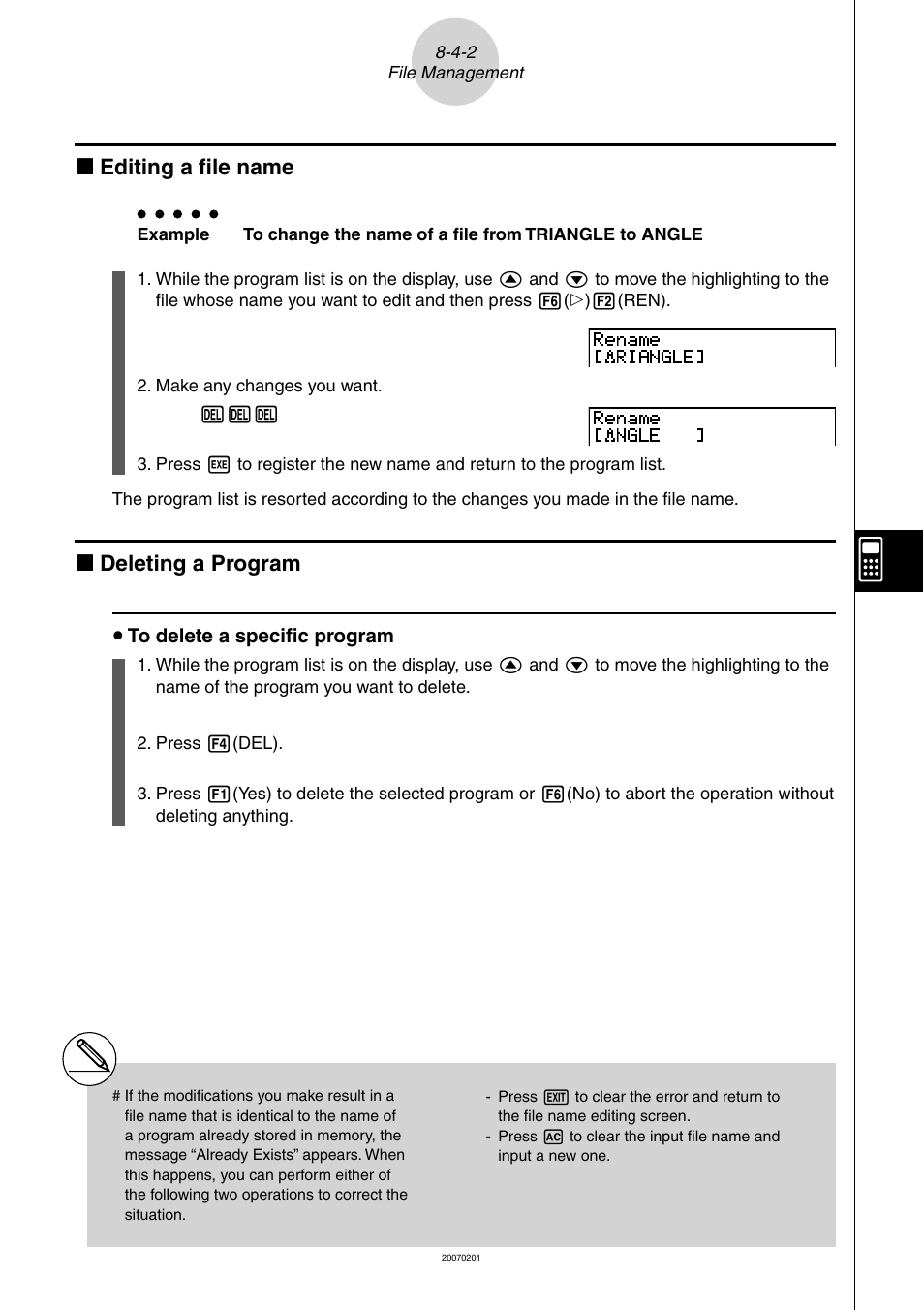 K editing a ﬁ le name, K deleting a program | Casio SERIES FX-9860G User Manual | Page 401 / 603