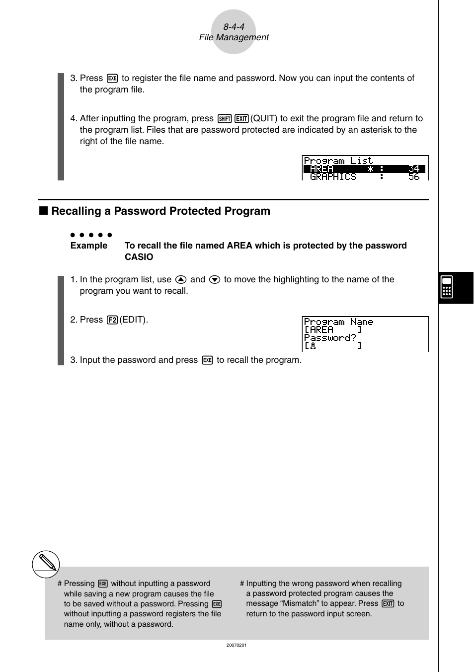 K recalling a password protected program | Casio SERIES FX-9860G User Manual | Page 403 / 603