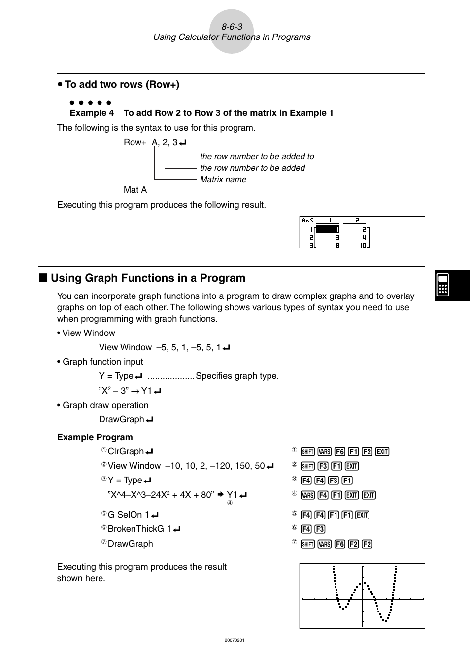 K using graph functions in a program, U to add two rows (row+) | Casio SERIES FX-9860G User Manual | Page 424 / 603