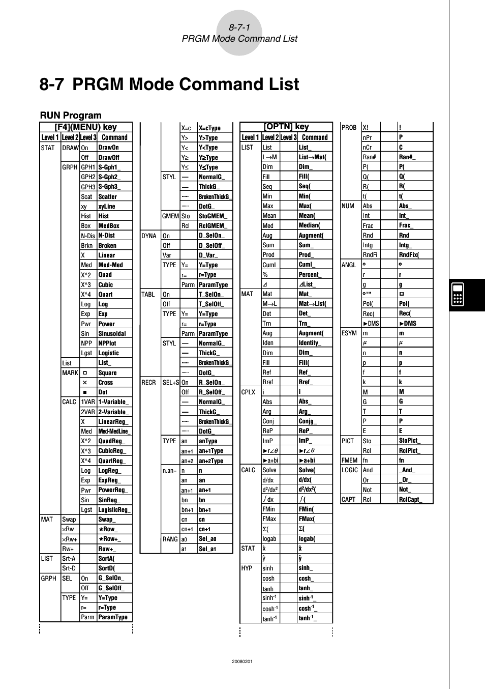 7 prgm mode command list, Prgm mode command list -7-1, 7-1 prgm mode command list | Run program, F4](menu) key [optn] key | Casio SERIES FX-9860G User Manual | Page 434 / 603