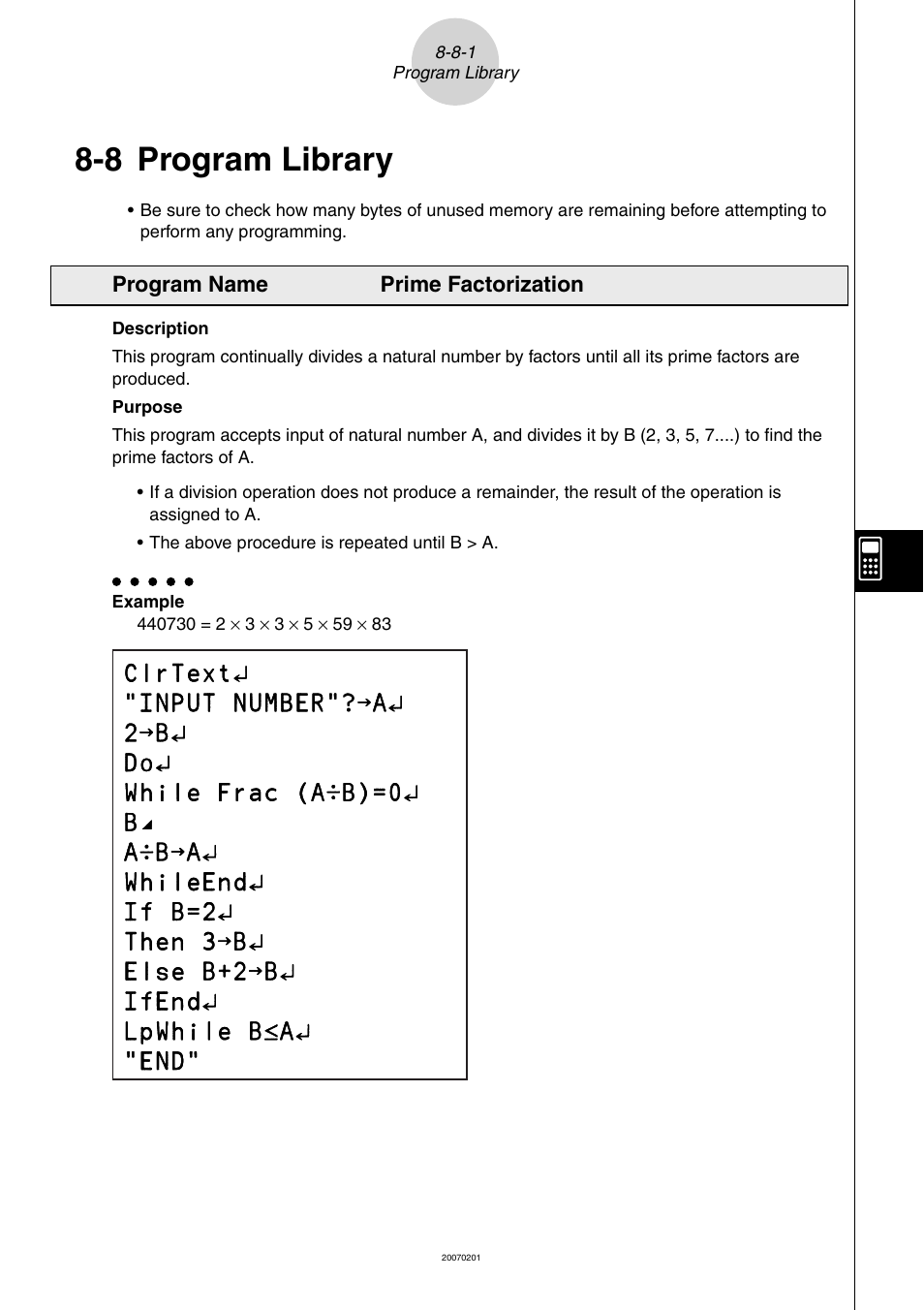8 program library, Program, Library | 8 program | Casio SERIES FX-9860G User Manual | Page 437 / 603