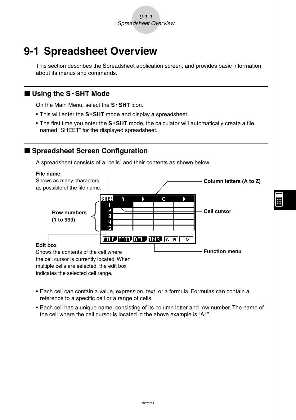 1 spreadsheet overview, Spreadsheet, Overview | 1 spreadsheet, K using the s, Sht mode, K spreadsheet screen conﬁ guration | Casio SERIES FX-9860G User Manual | Page 448 / 603