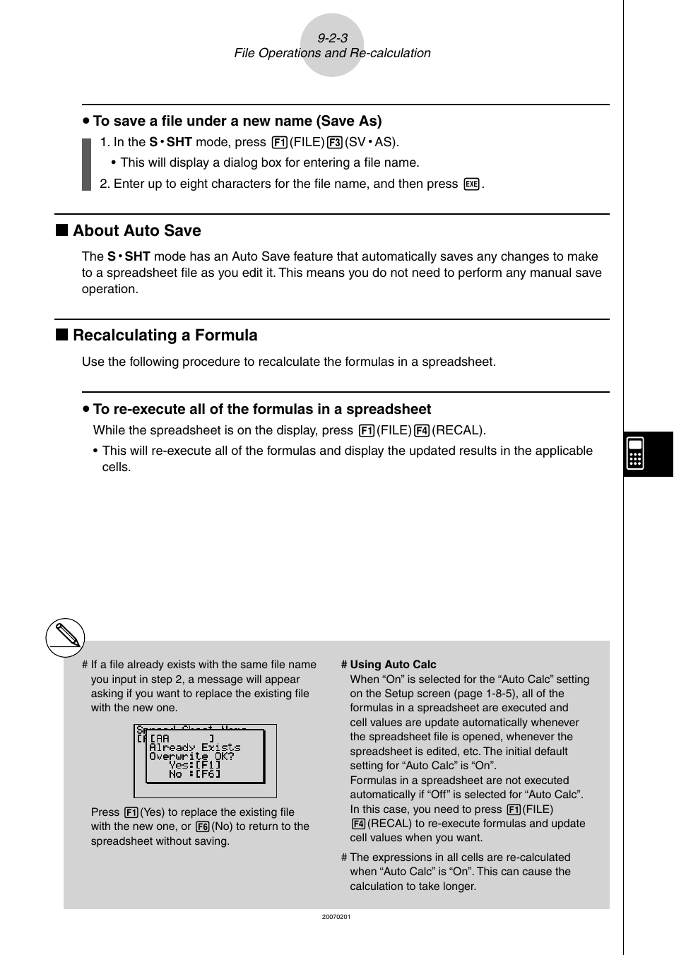 K about auto save, K recalculating a formula, U to save a ﬁ le under a new name (save as) | Casio SERIES FX-9860G User Manual | Page 454 / 603