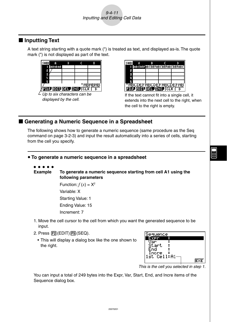 K inputting text, K generating a numeric sequence in a spreadsheet | Casio SERIES FX-9860G User Manual | Page 469 / 603