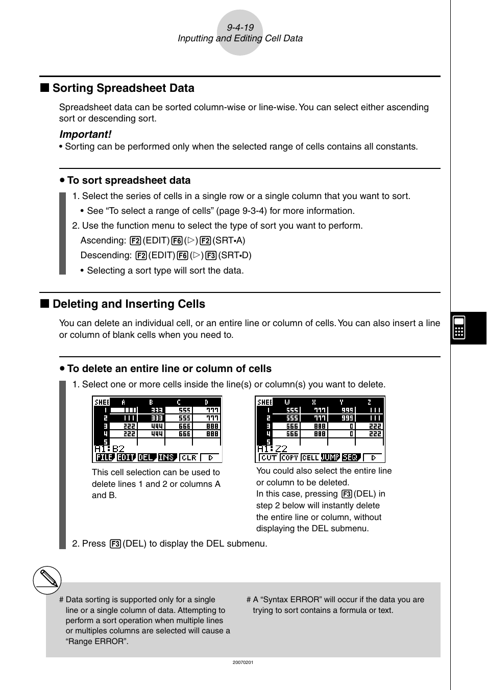 K sorting spreadsheet data, K deleting and inserting cells | Casio SERIES FX-9860G User Manual | Page 477 / 603