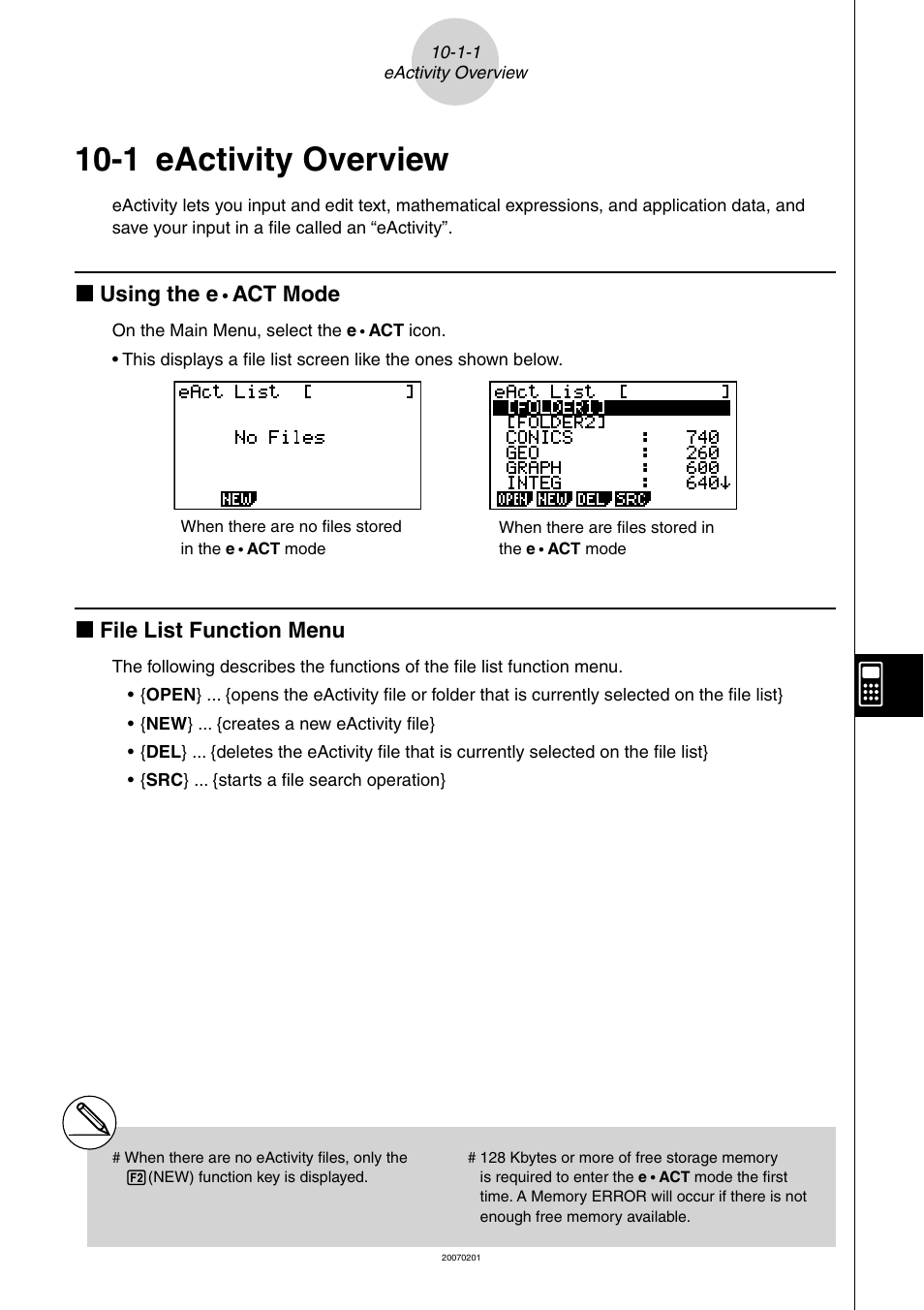 1 eactivity overview, Eactivity, Overview | K using the e, Act mode, K file list function menu | Casio SERIES FX-9860G User Manual | Page 500 / 603