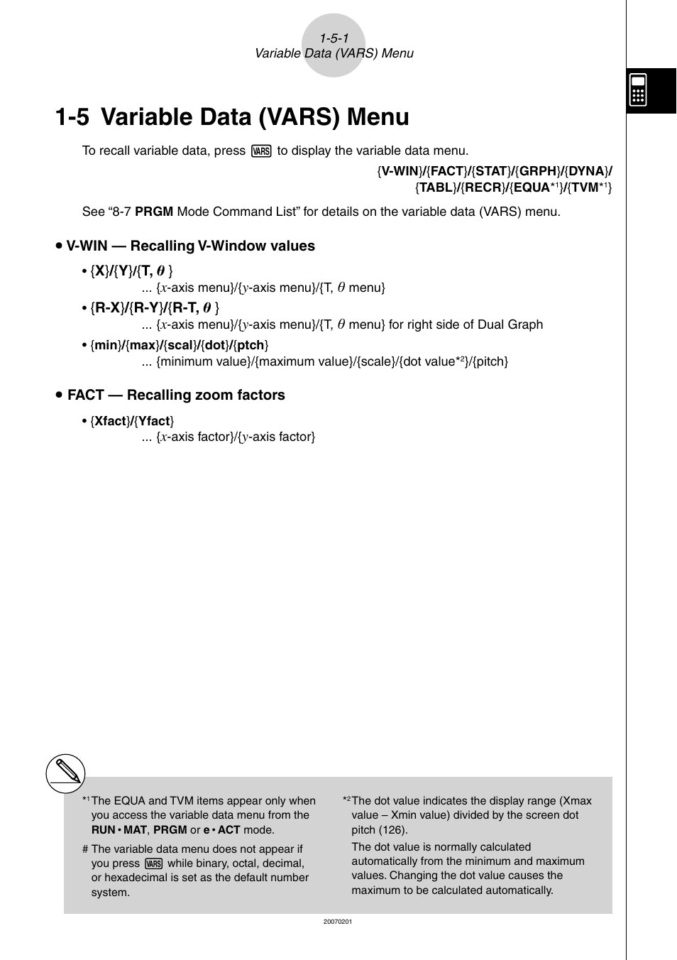 5 variable data (vars) menu, 5 variable data (vars) menu -5-1 | Casio SERIES FX-9860G User Manual | Page 53 / 603