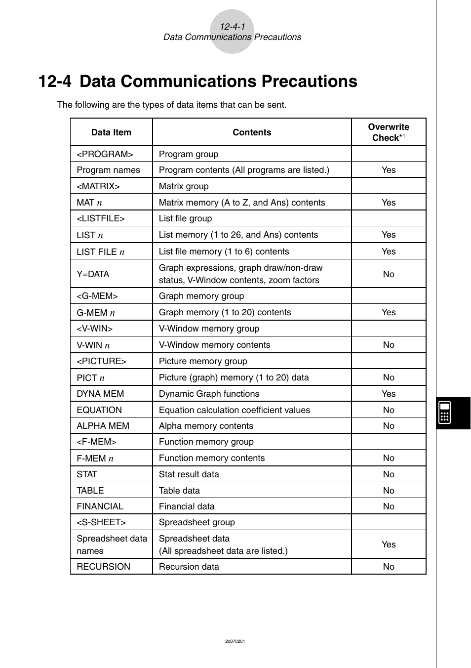 4 data communications precautions, Data communications precautions -4-1, 4 data | Communications, Precautions | Casio SERIES FX-9860G User Manual | Page 567 / 603