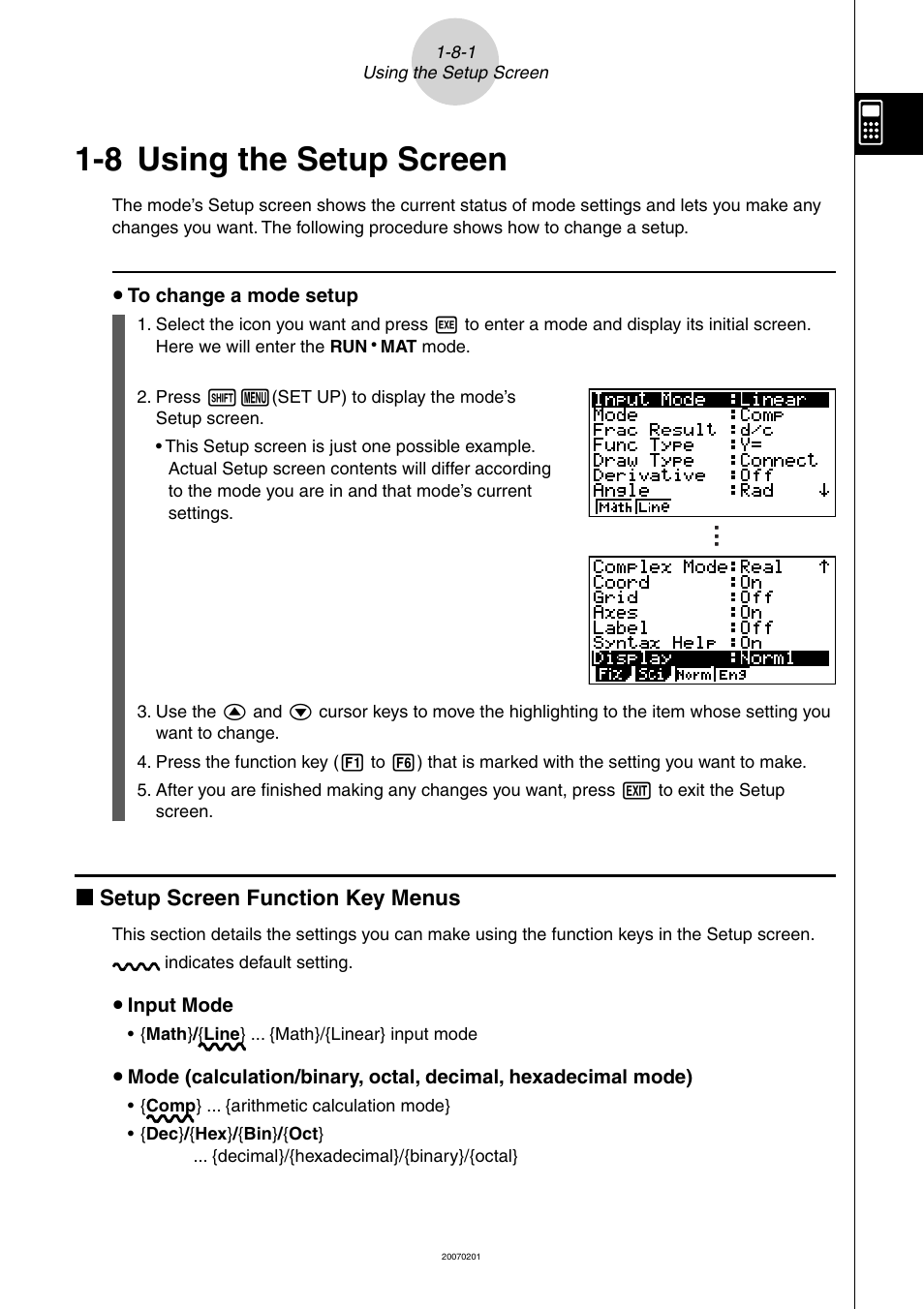 8 using the setup screen, 8 using the setup screen -8-1, K setup screen function key menus | Casio SERIES FX-9860G User Manual | Page 59 / 603