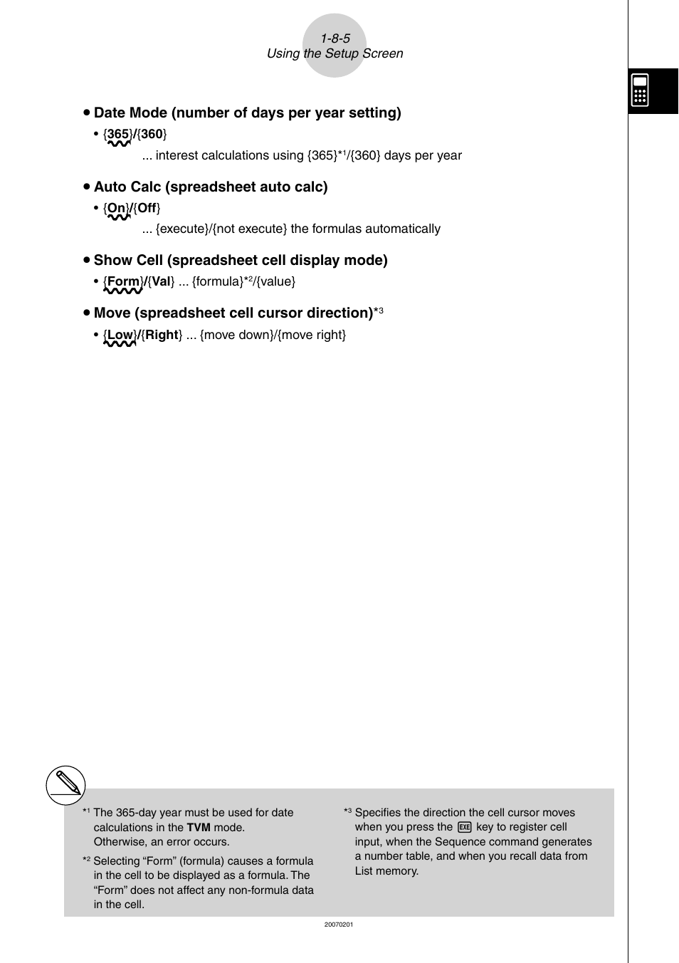 U date mode (number of days per year setting), U auto calc (spreadsheet auto calc), U show cell (spreadsheet cell display mode) | U move (spreadsheet cell cursor direction) | Casio SERIES FX-9860G User Manual | Page 63 / 603