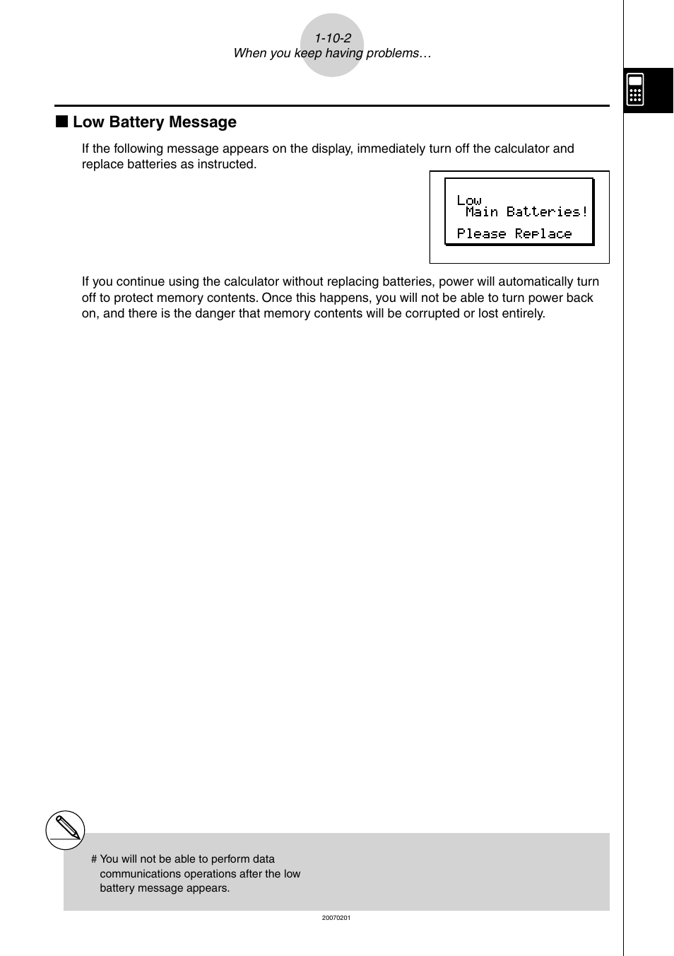 K low battery message | Casio SERIES FX-9860G User Manual | Page 66 / 603