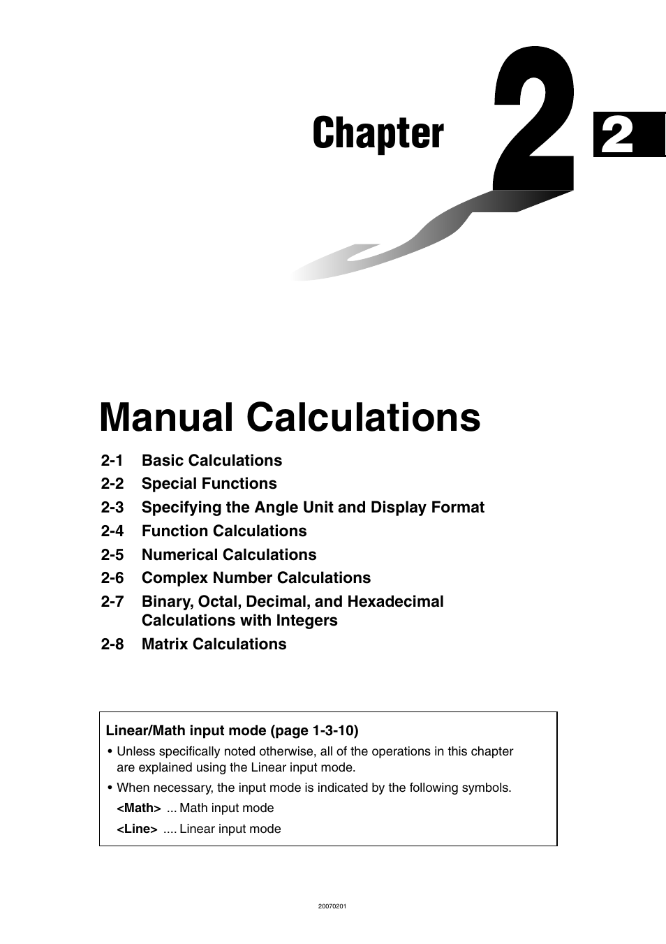 Chapter 2 manual calculations, Chapter, Manual calculations | Casio SERIES FX-9860G User Manual | Page 67 / 603