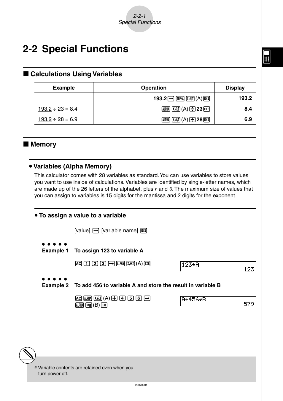 2 special functions, Special, Functions | 2 special, K calculations using variables | Casio SERIES FX-9860G User Manual | Page 74 / 603
