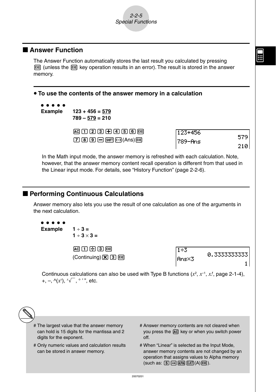 K answer function, K performing continuous calculations | Casio SERIES FX-9860G User Manual | Page 78 / 603