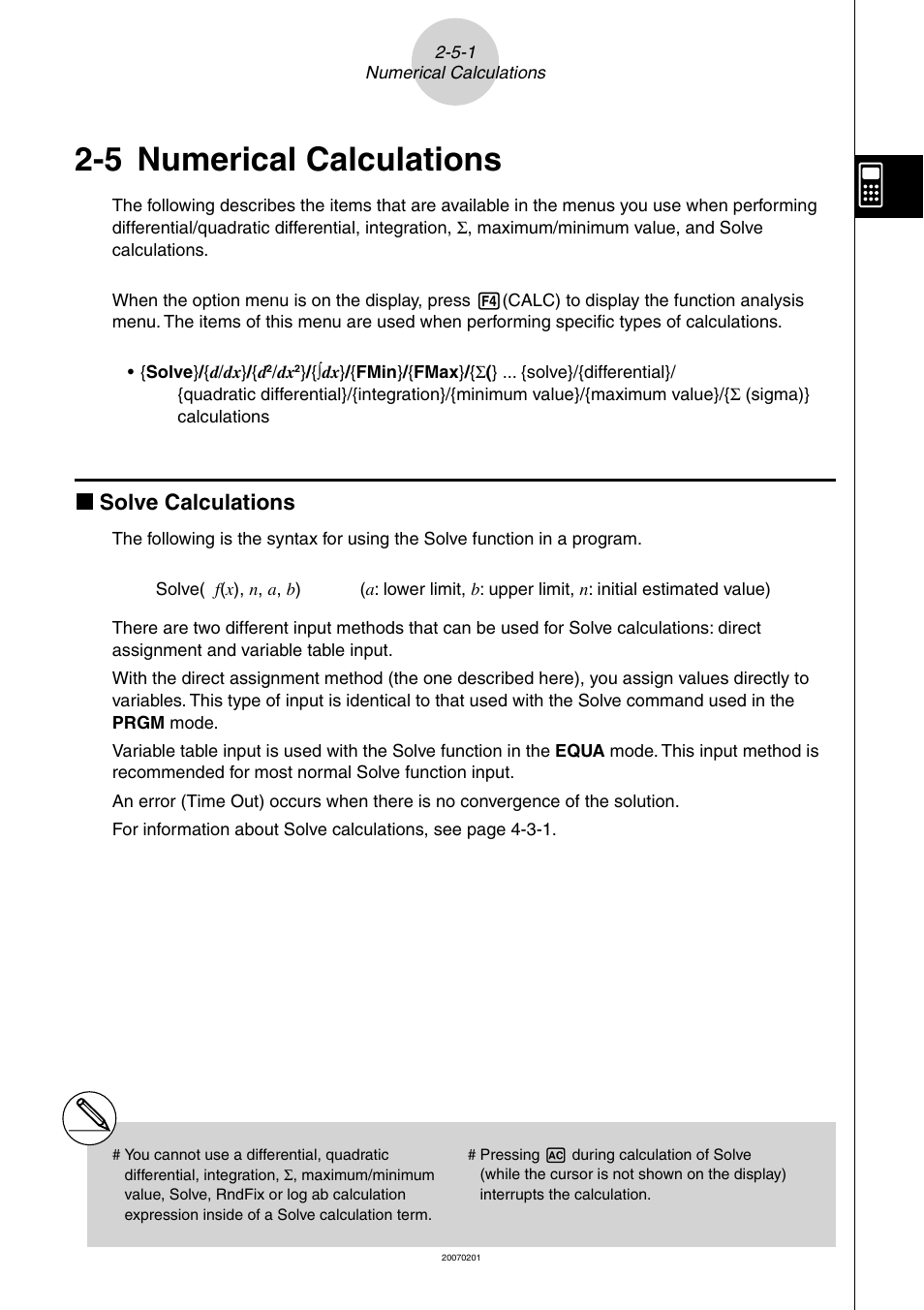 5 numerical calculations, Numerical, Calculations | 5 numerical, K solve calculations | Casio SERIES FX-9860G User Manual | Page 98 / 603