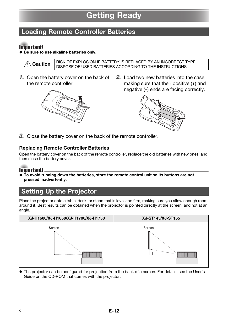 Getting ready, Loading remote controller batteries, Setting up the projector | Casio XJ-H1600 User Manual | Page 14 / 26