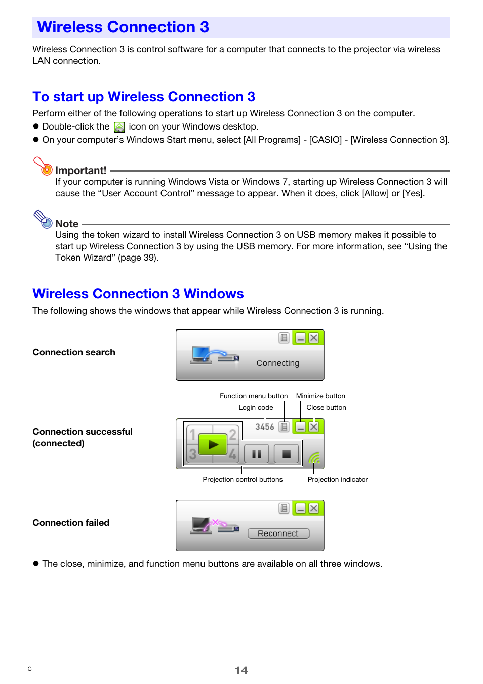 Wireless connection 3, To start up wireless connection 3, Wireless connection 3 windows | Casio XJ-ST155 User Manual | Page 14 / 47