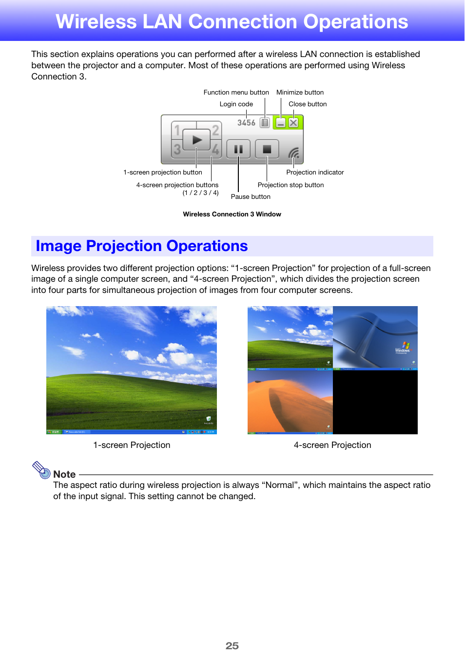 Wireless lan connection operations, Image projection operations | Casio XJ-ST155 User Manual | Page 25 / 47