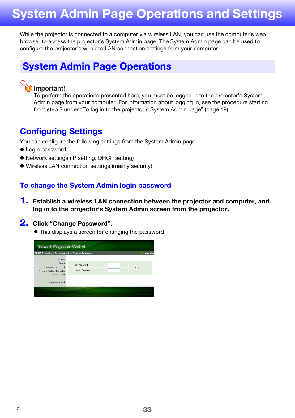 Configuring settings, System admin, System admin page operations and settings | System admin page operations | Casio XJ-ST155 User Manual | Page 33 / 47