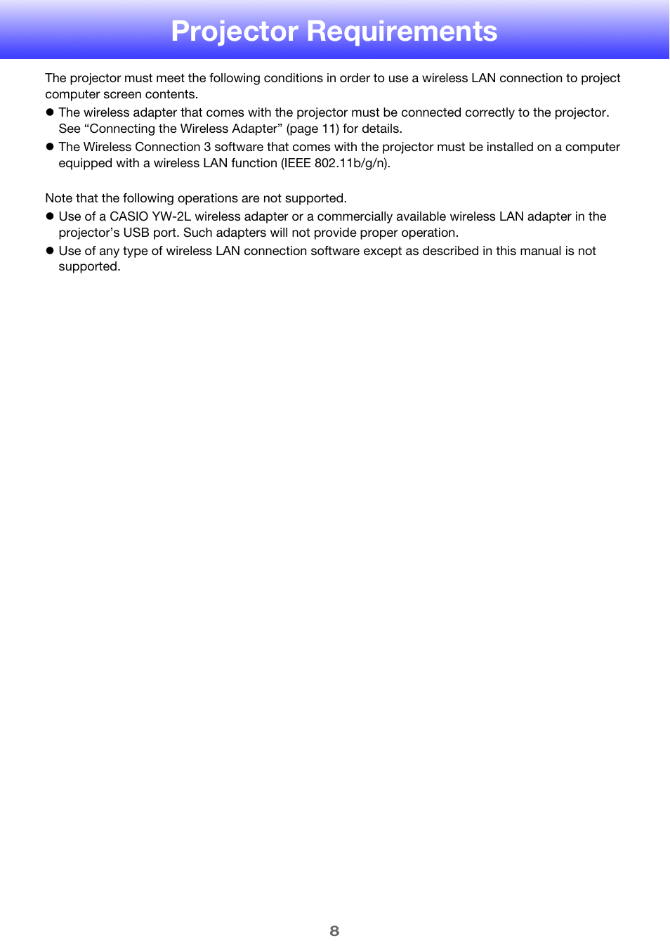 Projector requirements | Casio XJ-ST155 User Manual | Page 8 / 47