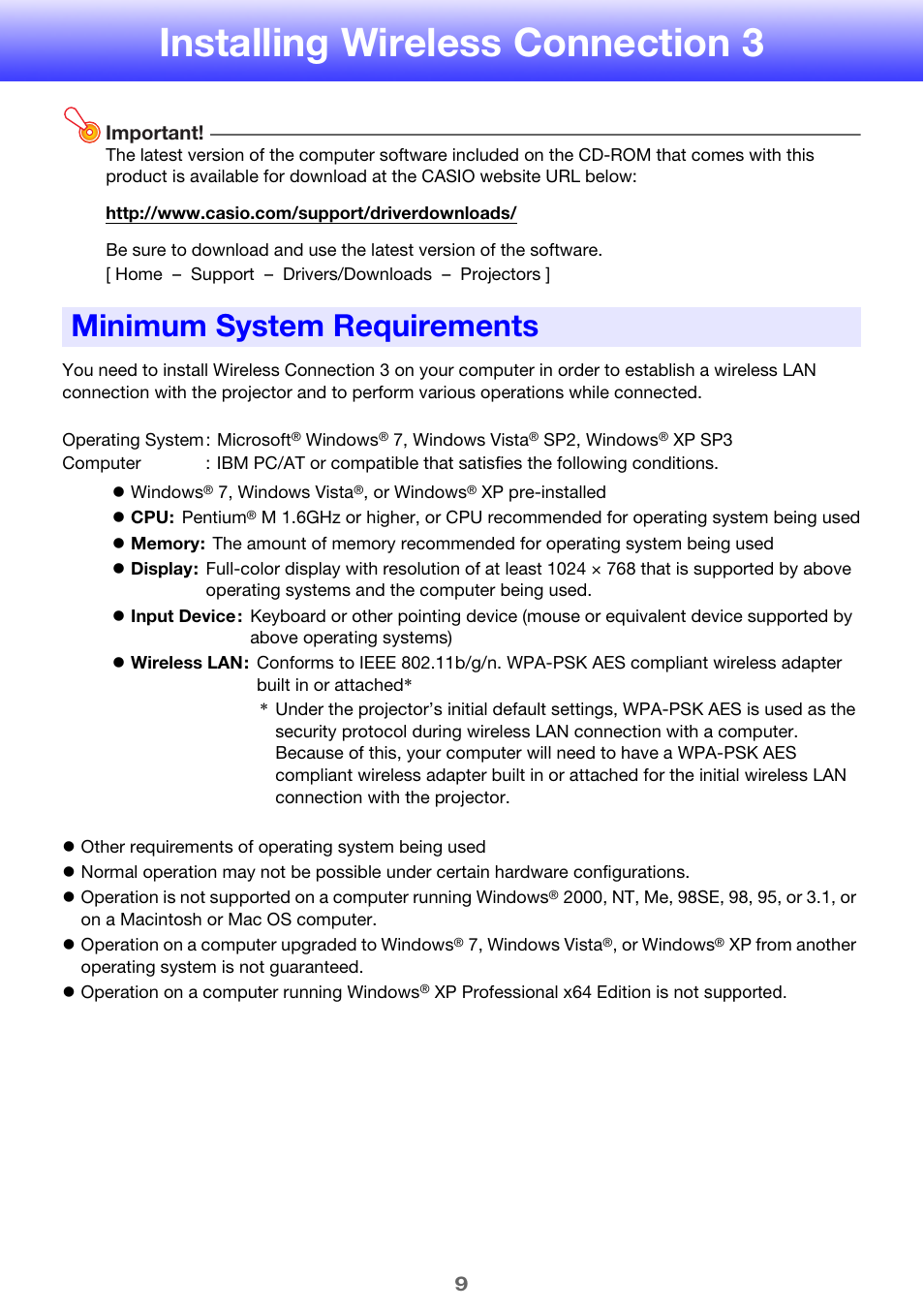 Installing wireless connection 3, Minimum system requirements | Casio XJ-ST155 User Manual | Page 9 / 47