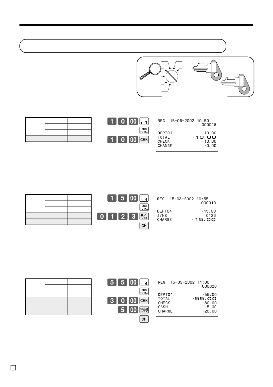 Registering charge and check payments, Basic operations and setups, & s 10- k | ) s 0123 b h, ) s 30- k 5- a h | Casio TE-100 User Manual | Page 34 / 88