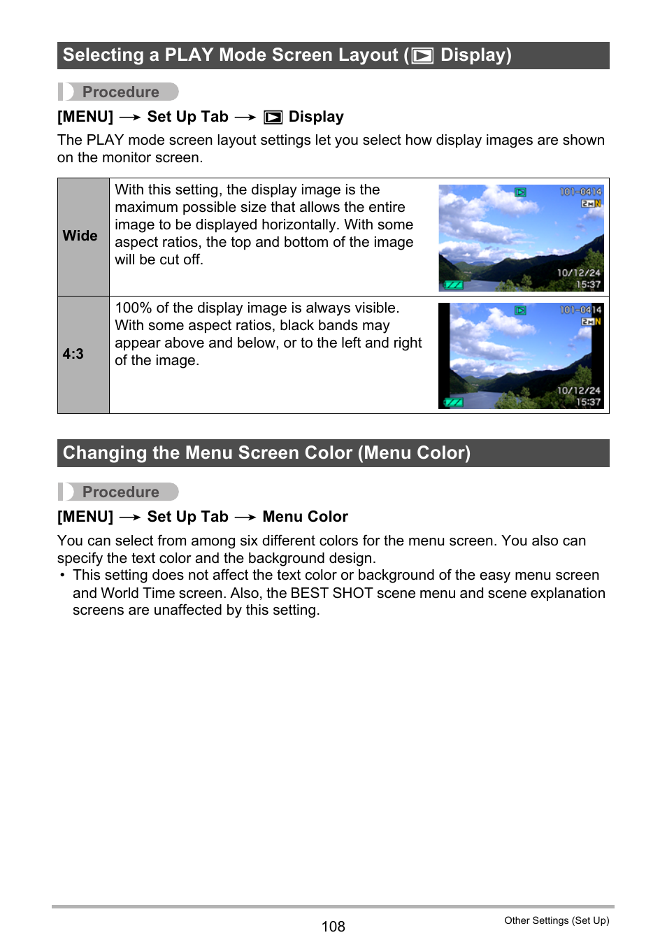 Selecting a play mode screen layout (> display), Changing the menu screen color (menu color), Ge 108) | Selecting a play mode screen layout ( p display) | Casio EX-S5 User Manual | Page 108 / 148