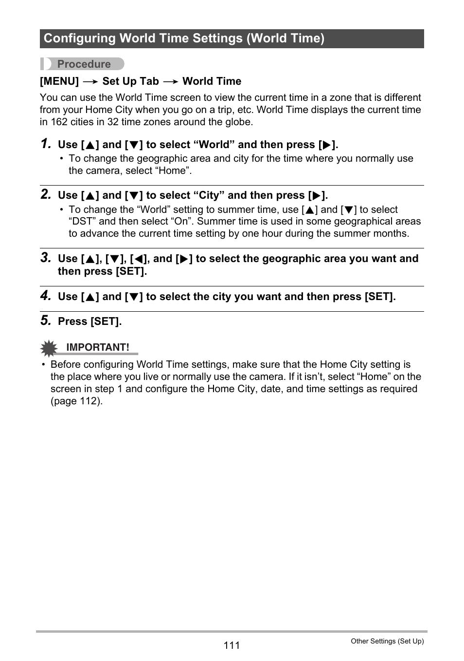 Configuring world time settings (world time) | Casio EX-S5 User Manual | Page 111 / 148