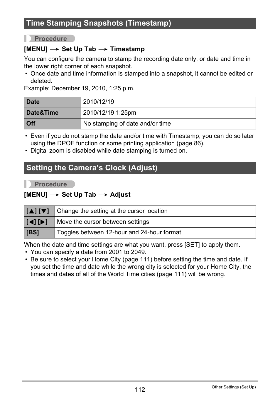 Time stamping snapshots (timestamp), Setting the camera’s clock (adjust) | Casio EX-S5 User Manual | Page 112 / 148