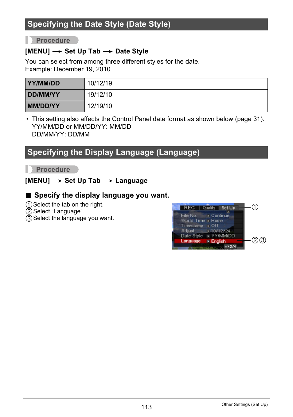 Specifying the date style (date style), Specifying the display language (language) | Casio EX-S5 User Manual | Page 113 / 148