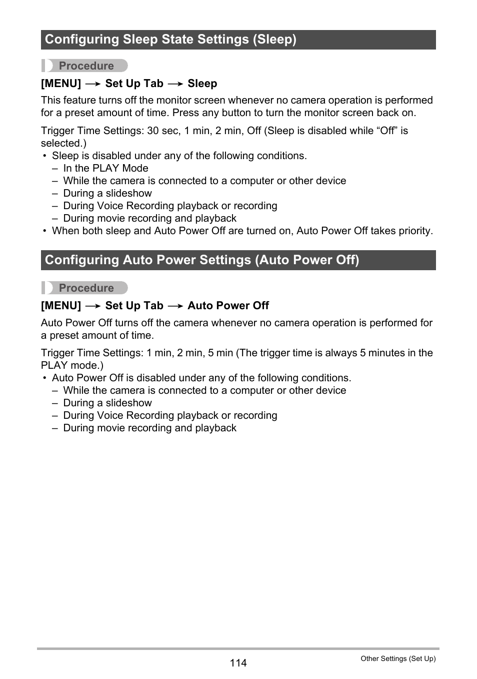 Configuring sleep state settings (sleep), Configuring auto power settings (auto power off) | Casio EX-S5 User Manual | Page 114 / 148