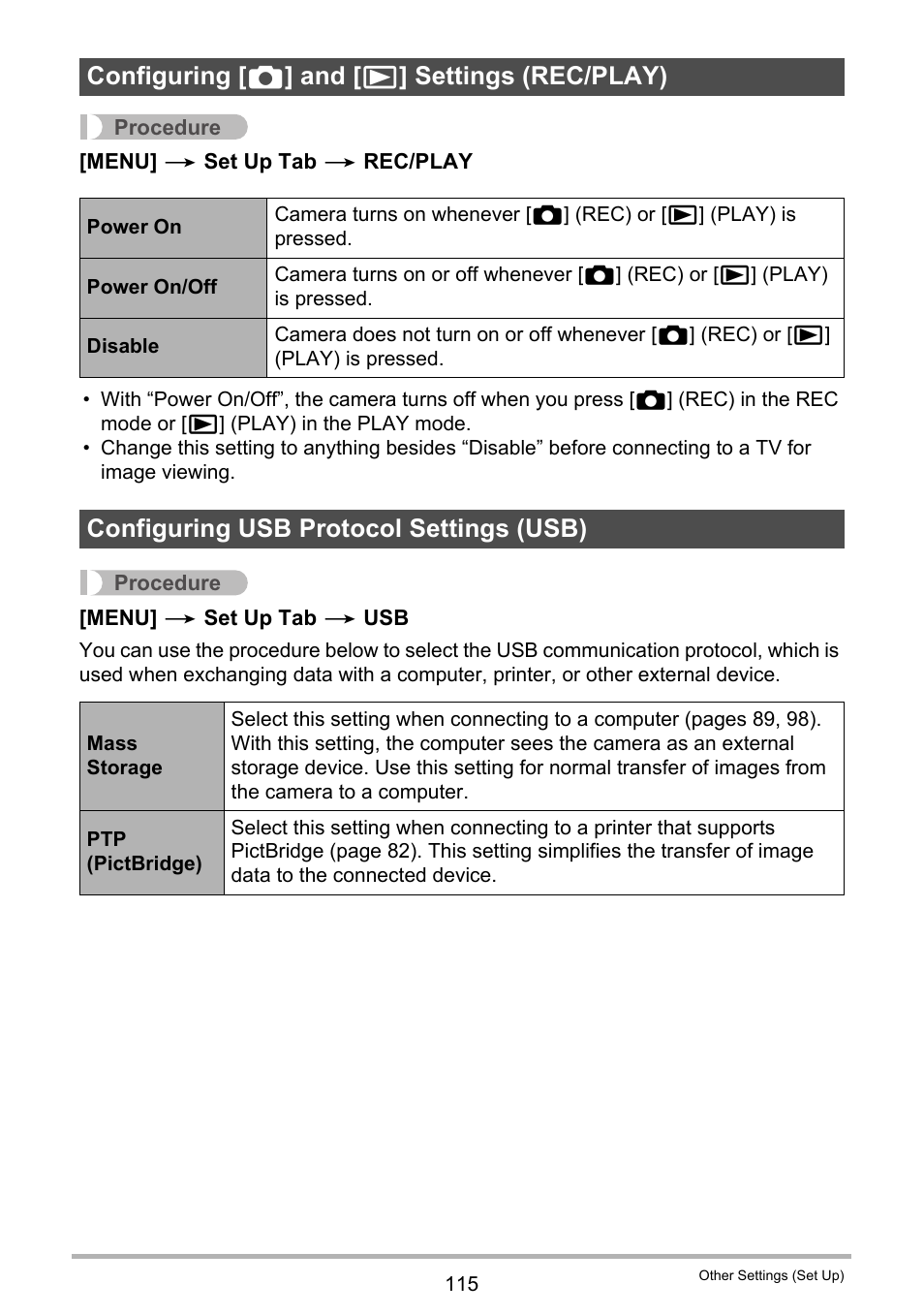 Configuring [_] and [>] settings (rec/play), Configuring usb protocol settings (usb), Configuring [ r ] and [ p ] settings (rec/play) | Casio EX-S5 User Manual | Page 115 / 148