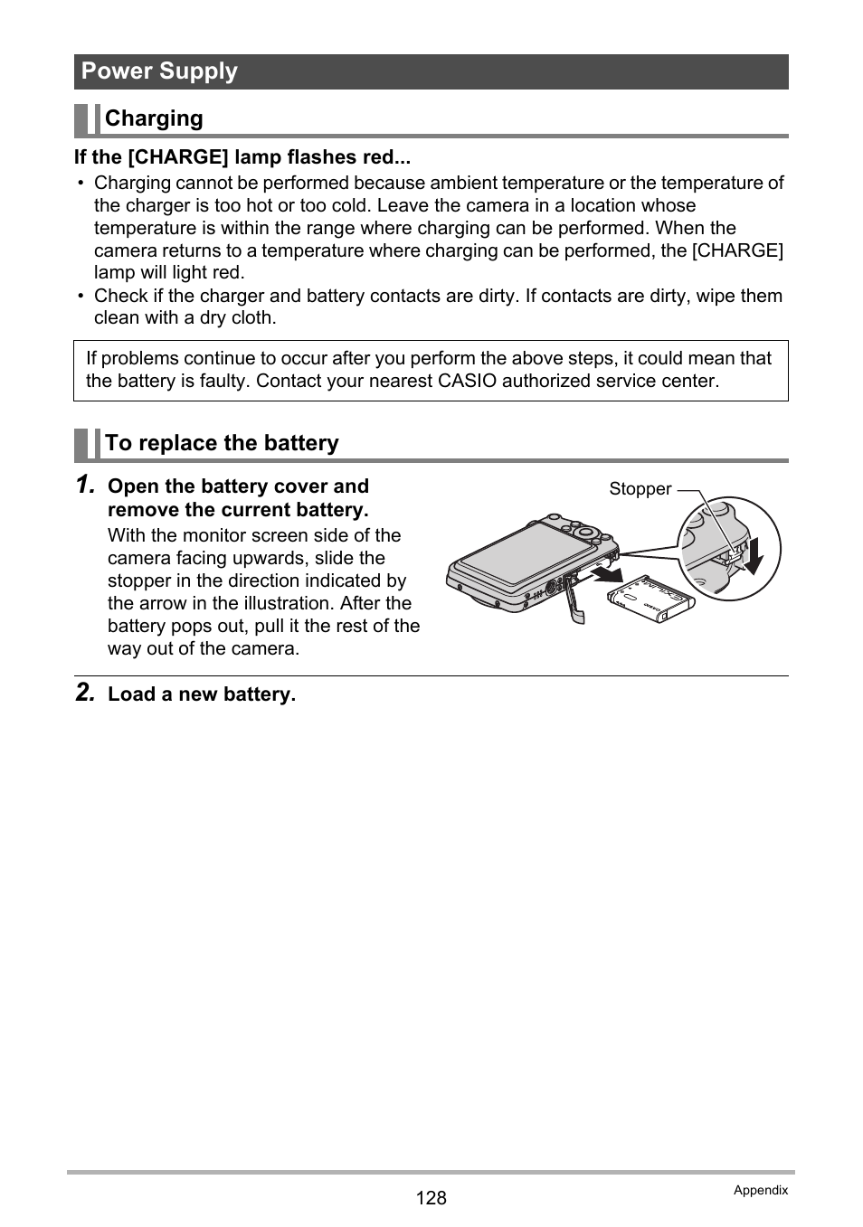 Power supply, Charging, To replace the battery | Casio EX-S5 User Manual | Page 128 / 148