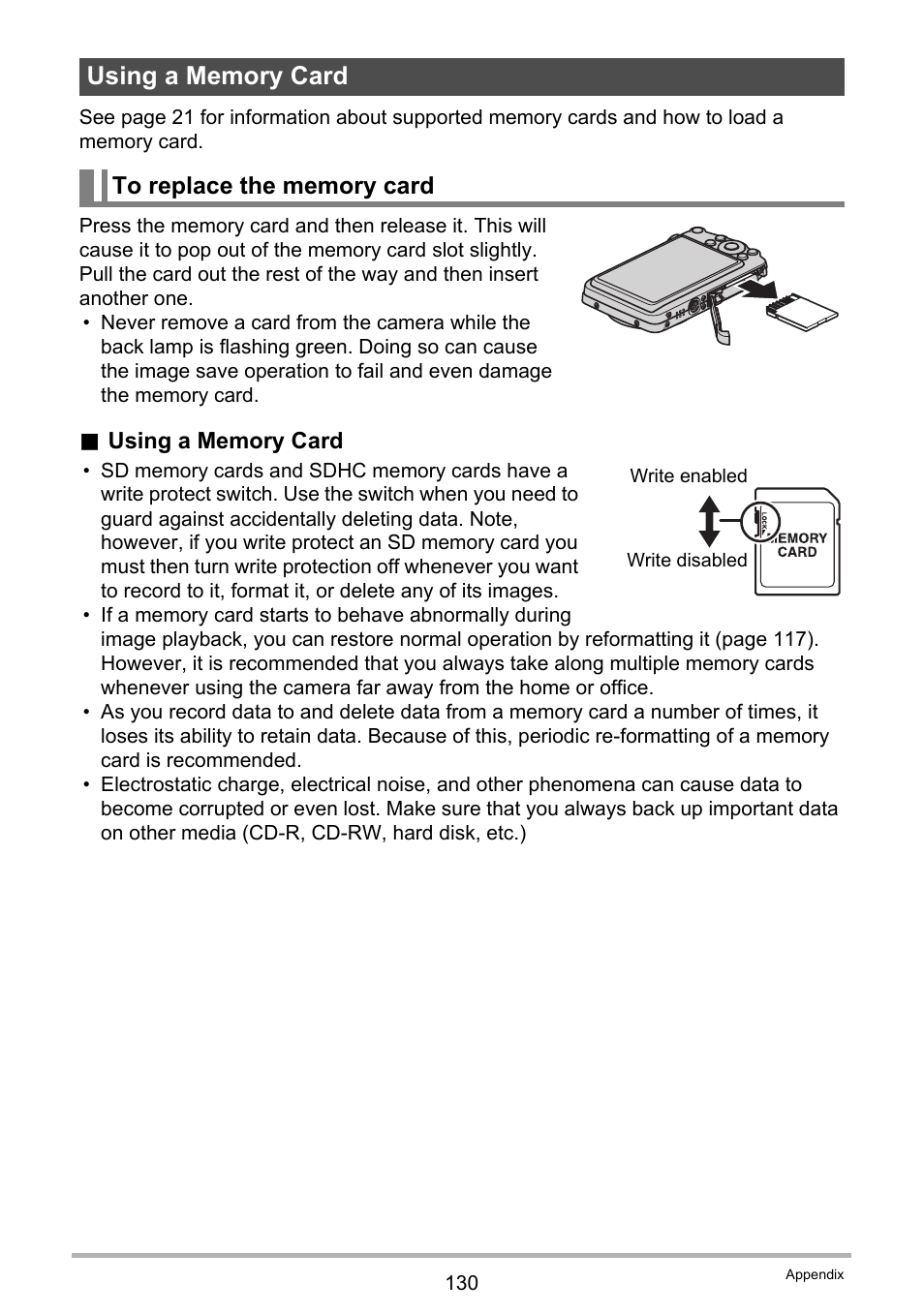 Using a memory card, To replace the memory card | Casio EX-S5 User Manual | Page 130 / 148