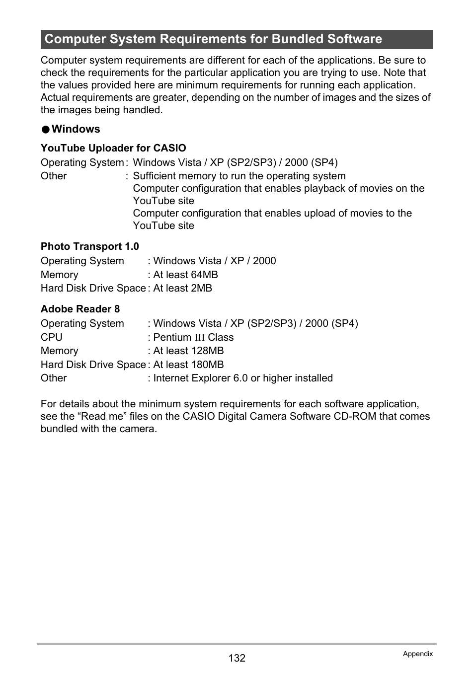 Computer system requirements for bundled software | Casio EX-S5 User Manual | Page 132 / 148