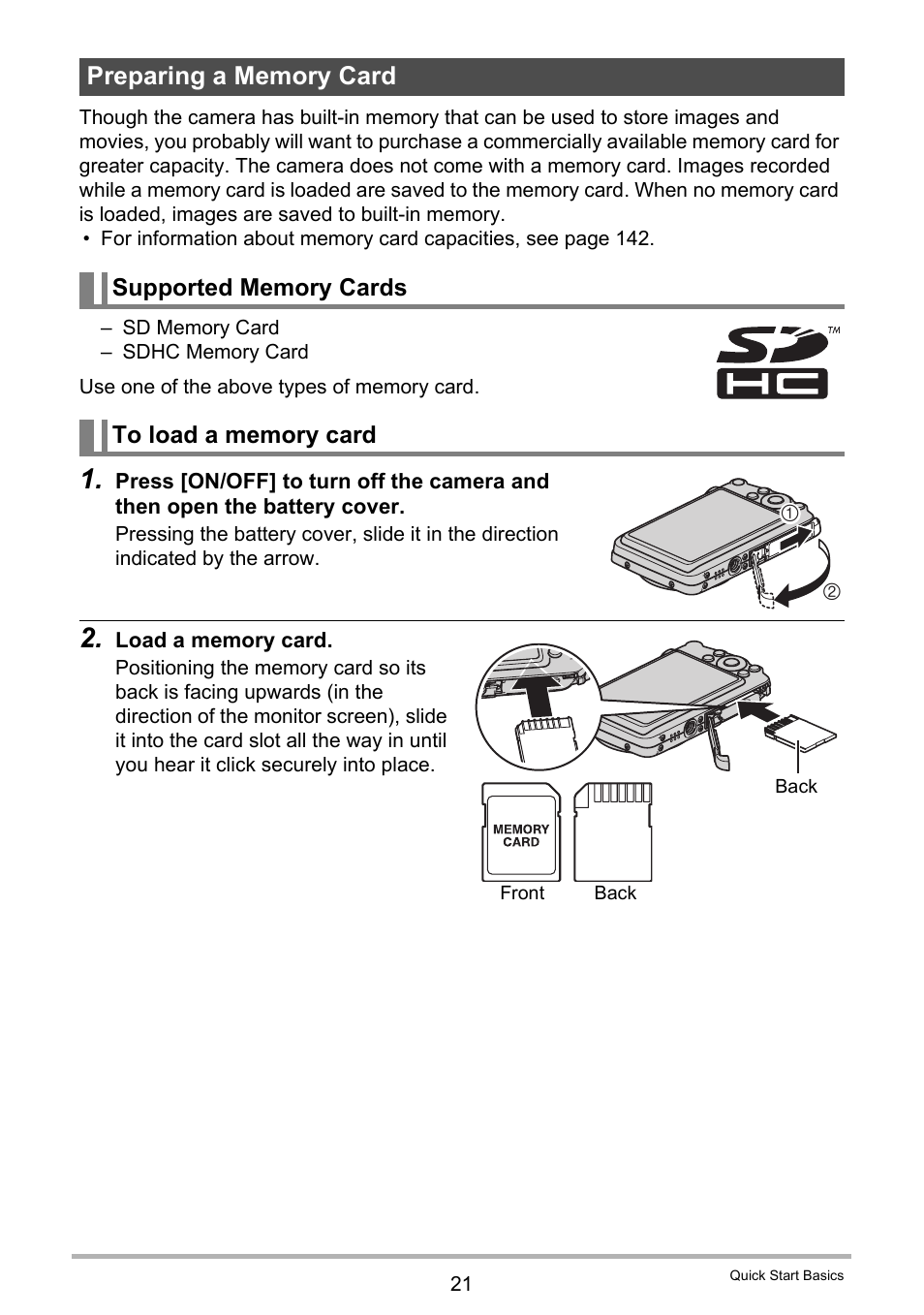 Preparing a memory card, Supported memory cards, To load a memory card | Casio EX-S5 User Manual | Page 21 / 148